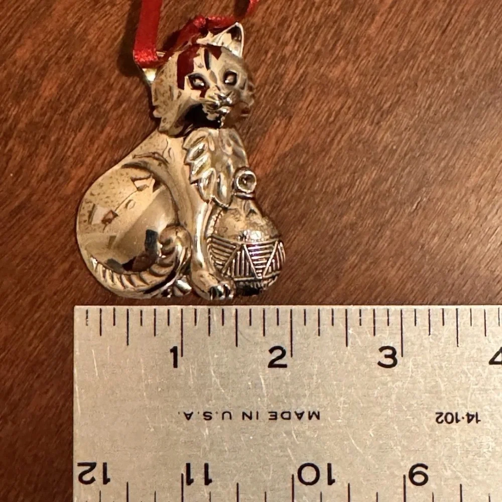 Gorham Silver Cat Ornament with Red Ribbon